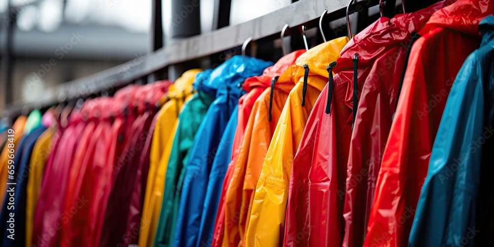 Colorful line of rain jackets , concept of Patterned waterproof apparel - obrazy, fototapety, plakaty 