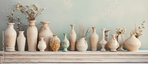 Vintage display featuring delicate antique pottery trophy vases with a shabby chic aesthetic