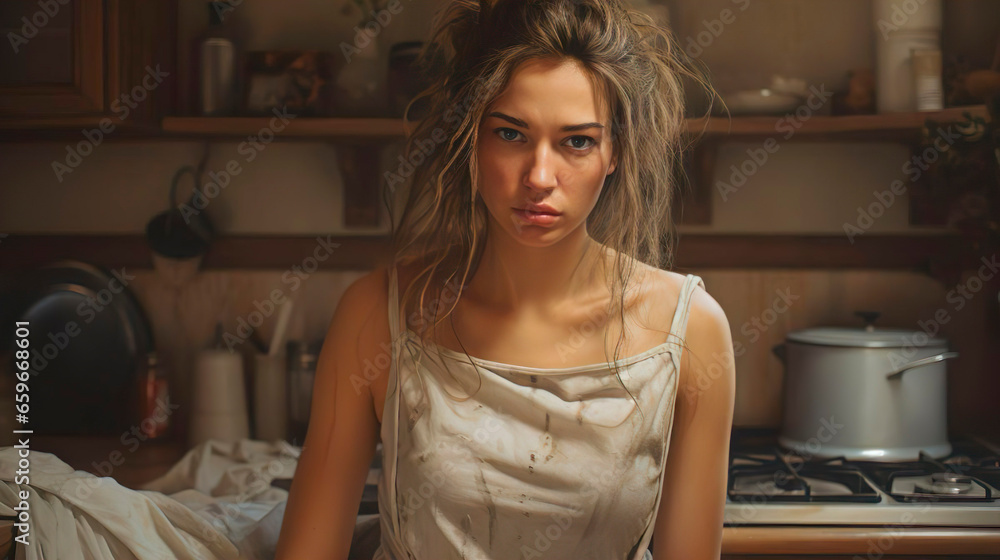 Unhappy overworked housewife feels distressed sick and tired of cooking and housework. Upset woman housekeeper tired of household chores. Exhausted caucasian lady in the kitchen, fatigue concept. Unhappy overworked housewife feels distressed sick and tired of cooking and housework. Upset woman housekeeper tired of household chores. Exhausted caucasian lady in the kitchen, fatigue concept.