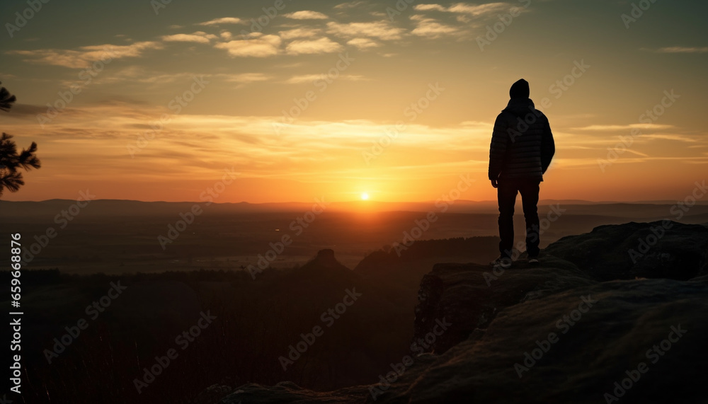 Standing silhouette admires mountain peak at sunrise generative AI