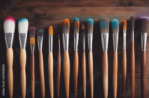 A row of different-sized paintbrushes closeup on an artistic wooden board. Brushes with colorful paints