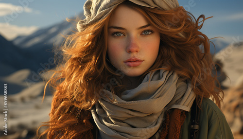 Beauty in nature young woman elegance and sensuality on mountain adventure generated by AI