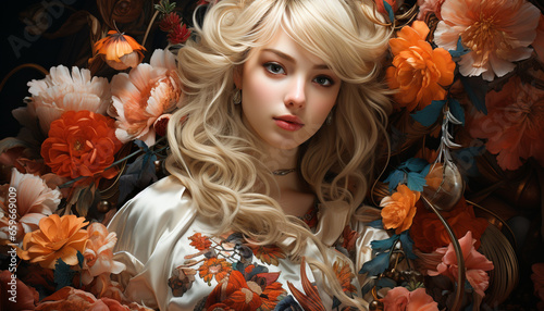 Beautiful blonde woman with curly long hair and autumn flower generated by AI
