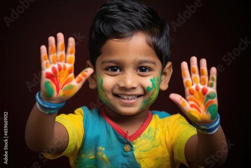 Happy kid enjoying hand painting. Children early development concept