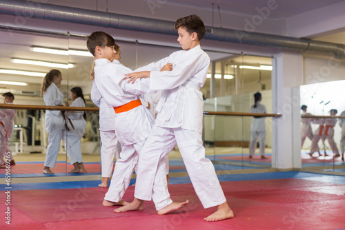 Two boys working in pair, mastering new karate moves in class
