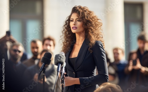 Beautiful woman making a statement to the press outdoors