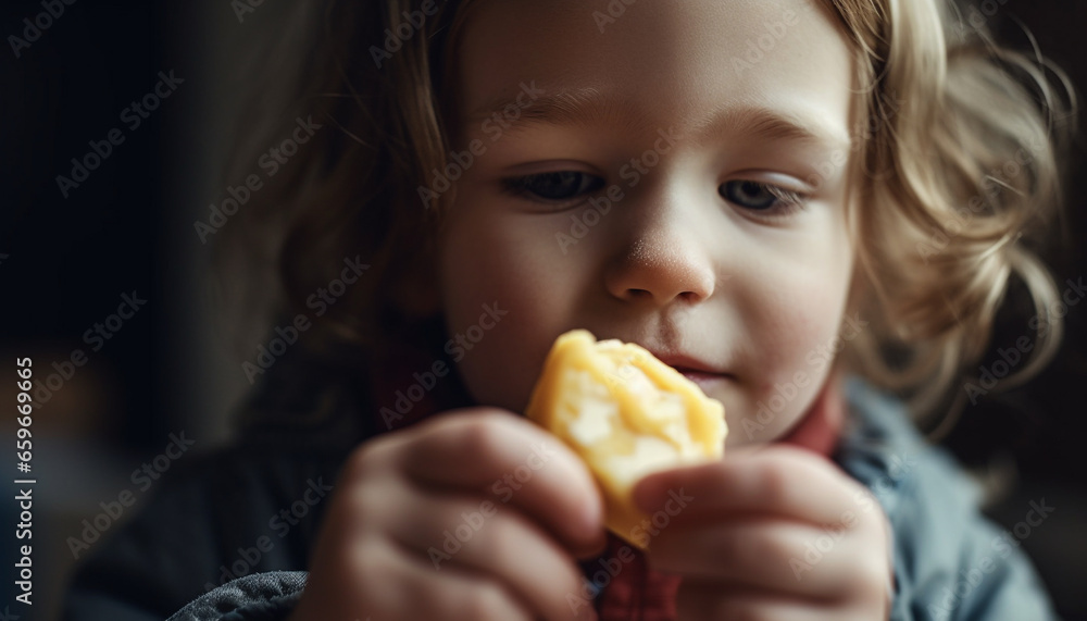 Cute toddler enjoying healthy fruit snack indoors happily generative AI Cute toddler enjoying healthy fruit snack indoors happily generative AI