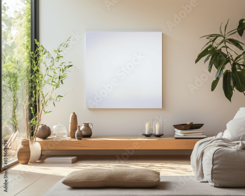 Blank frame hanging on Zen meditation room wall
