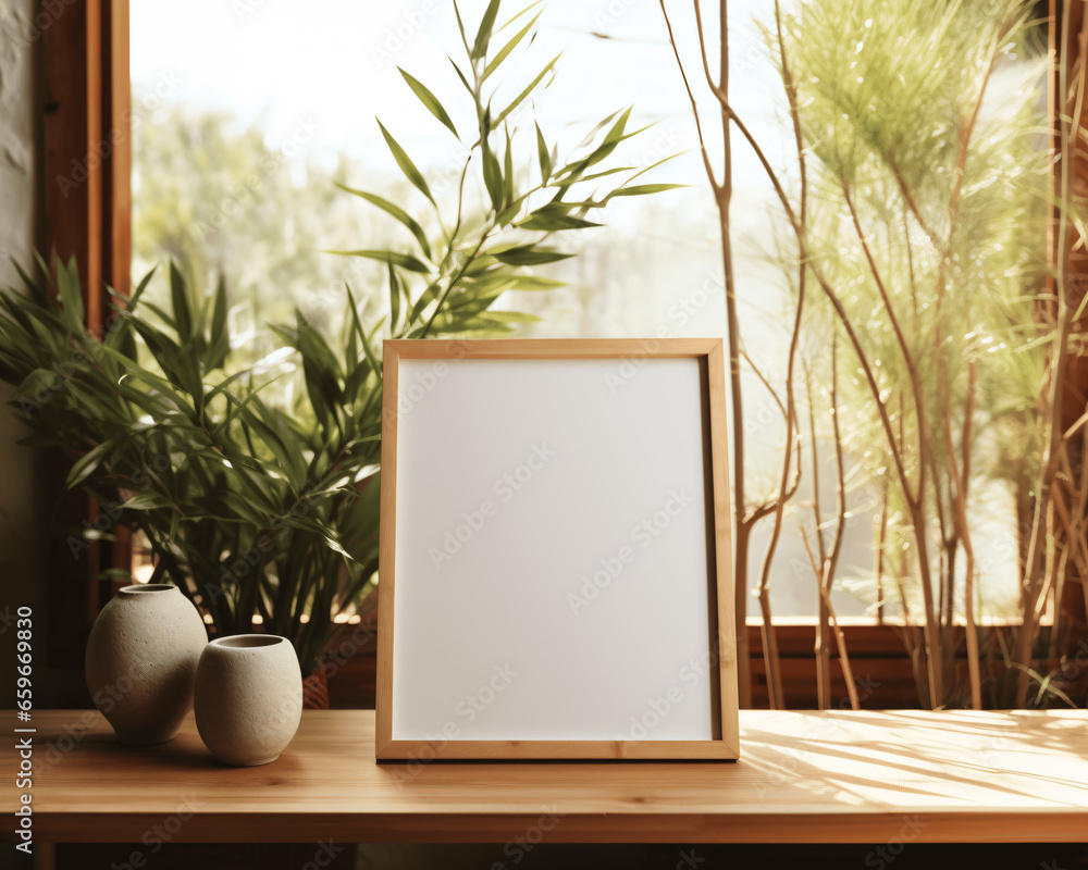 Blank white picture frame in Zen meditation room
