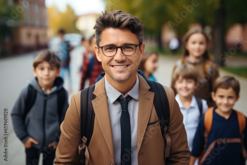 Smiling elementary male teacher posing in front of his students looking at the camera