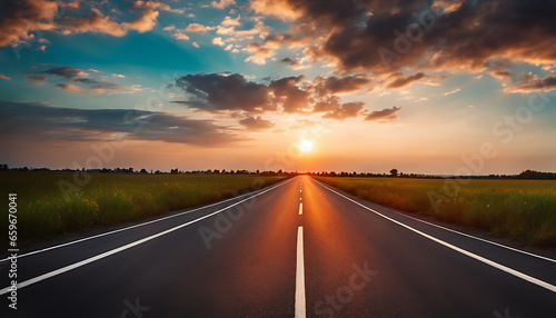 Panoramic view of an empty asphalt road and a stunning sky at sunset.