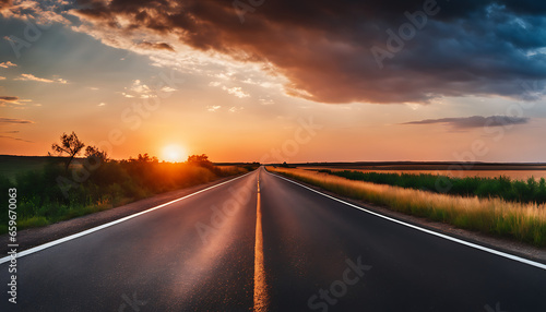 Panoramic view of an empty asphalt road and a stunning sky at sunset.