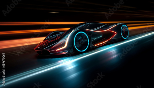 Glowing sports car races through futuristic city generative AI