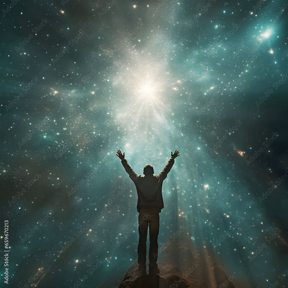 Man silhouette reaching up into the stars. AI generated. Man silhouette reaching up into the stars. AI generated.