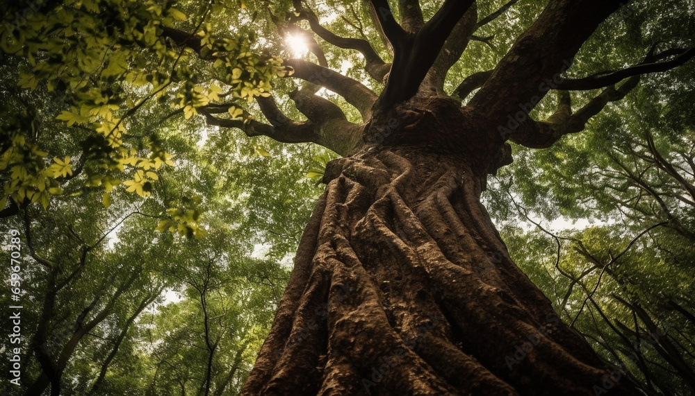 Naklejka premium Tranquil scene of ancient banyan tree growth generative AI