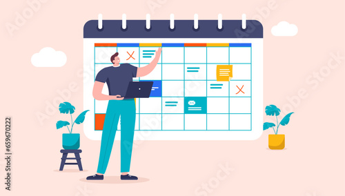 Project manager with calendar schedule - Man standing with work week plan working, managing and organising tasks for business. Flat design vector illustration in cartoon style