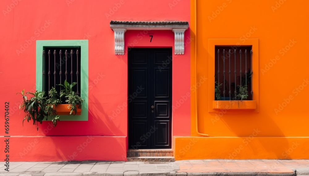 Fototapeta premium Vibrant flowers adorn old building balcony arch generative AI