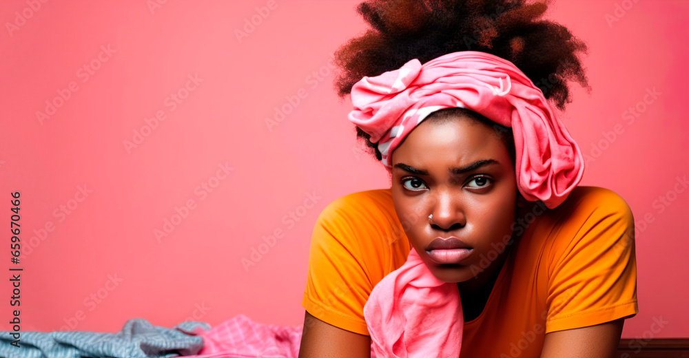 Unhappy overworked angry annoyed African housewife feels distressed sick and tired of cooking and housework. Upset woman housekeeper tired of household chores. Exhausted lady on pink background
