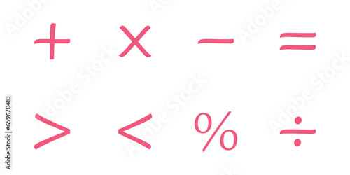 Basic math symbols for kids. Mathematical operations symbols. Plus, minus, multiply, divide, equal,percent, greater than and less than symbol. Mathematics resources for teachers and students.