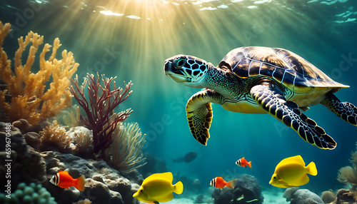 underwater in the ocean, a turtle is accompanied by a school of colorful fish and other aquatic creatures