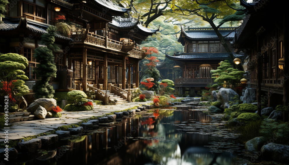 Tranquil reflection of ancient Japanese culture in formal garden generated by AI