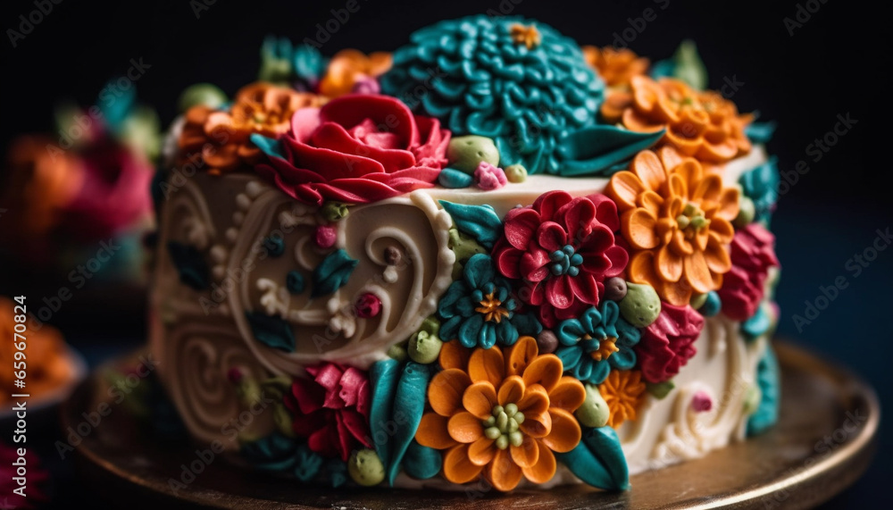 Multi colored wedding cake with ornate decoration generative AI