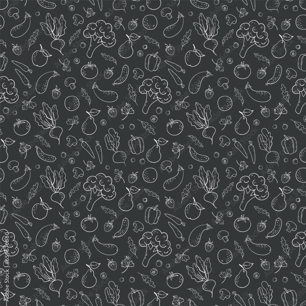 Seamless vector pattern with vegetables, fruits and berries in doodle style. Vegan ornament for fabrics and packaging Seamless vector pattern with vegetables, fruits and berries in doodle style. Vegan ornament for fabrics and packaging