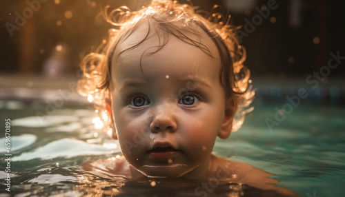 Cute Caucasian baby splashing in swimming pool fun generative AI © Jeronimo Ramos