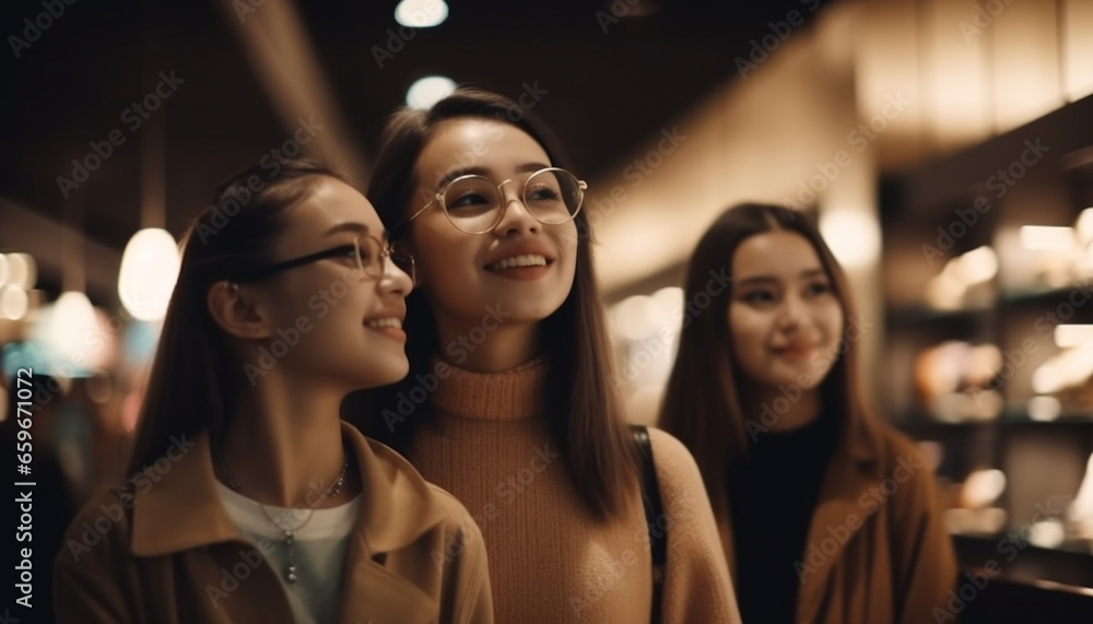 Young women smiling, enjoying nightlife with friends generative AI