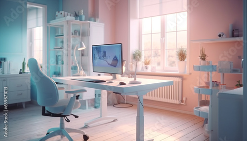 Modern domestic office with computer desk, chair, and technology equipment generated by AI © Stockgiu