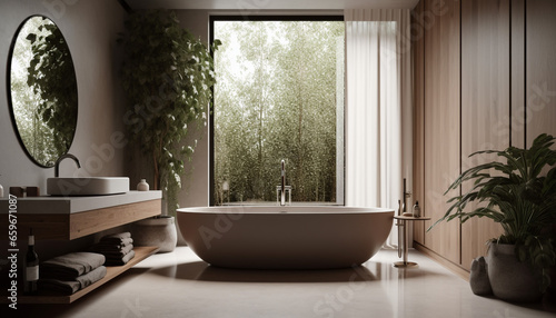 Modern elegance in domestic bathroom with luxurious bathtub and shower generated by AI