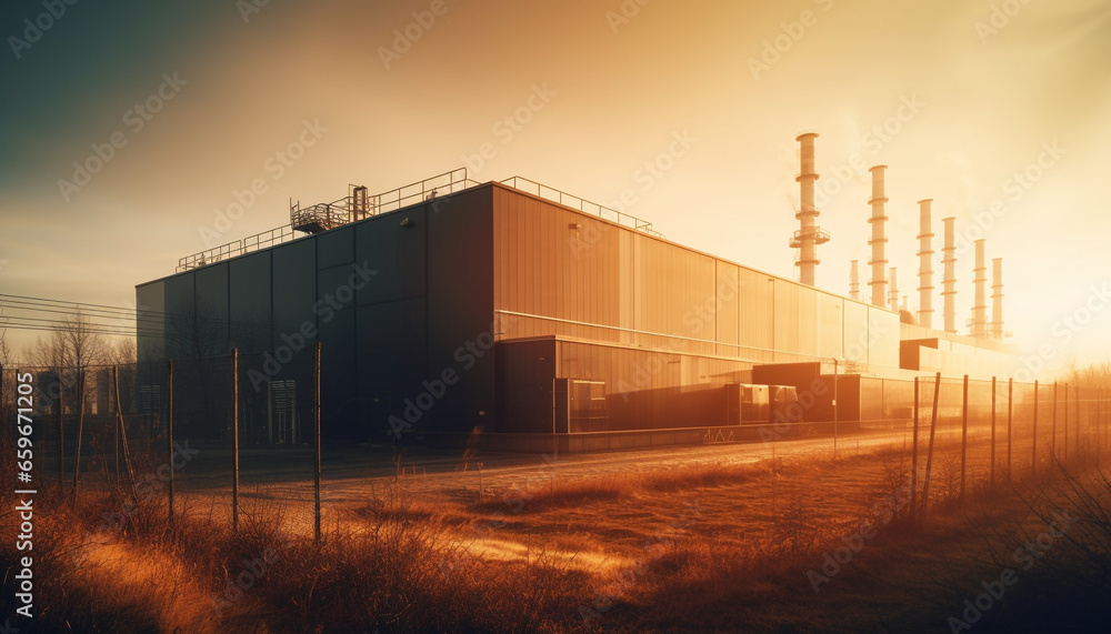 Sunset illuminates industrial building, factory, and power generation equipment generated by AI