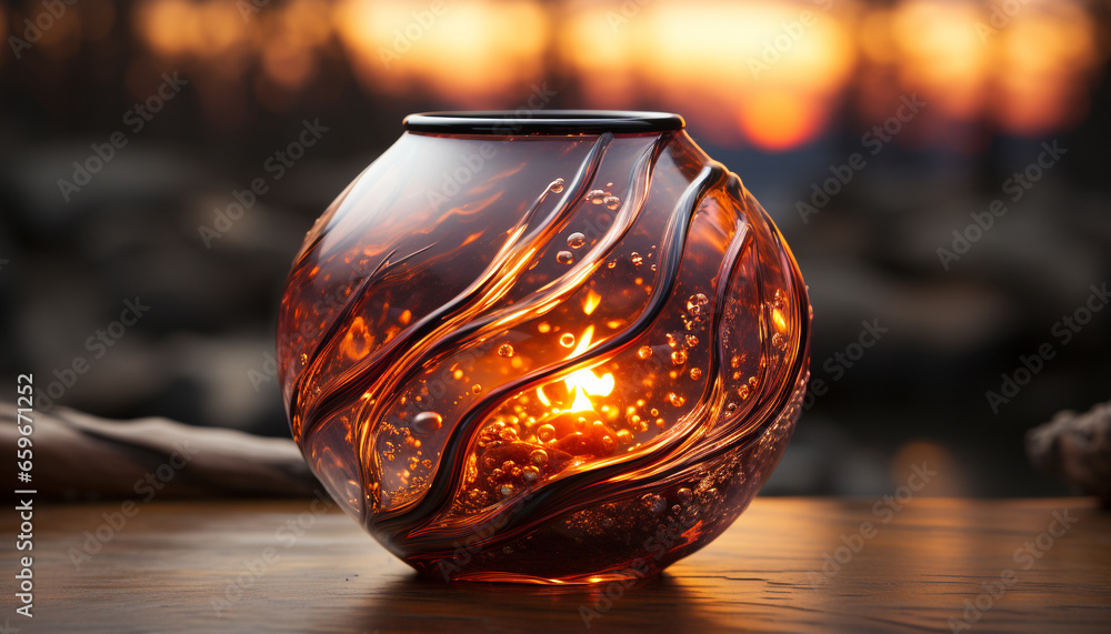 Rustic lantern illuminates antique vase, ornate pottery and glass decoration generated by AI Rustic lantern illuminates antique vase, ornate pottery and glass decoration generated by AI