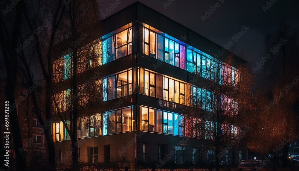 Illuminated skyscrapers reflect on modern glass buildings in the cityscape generated by AI Illuminated skyscrapers reflect on modern glass buildings in the cityscape generated by AI