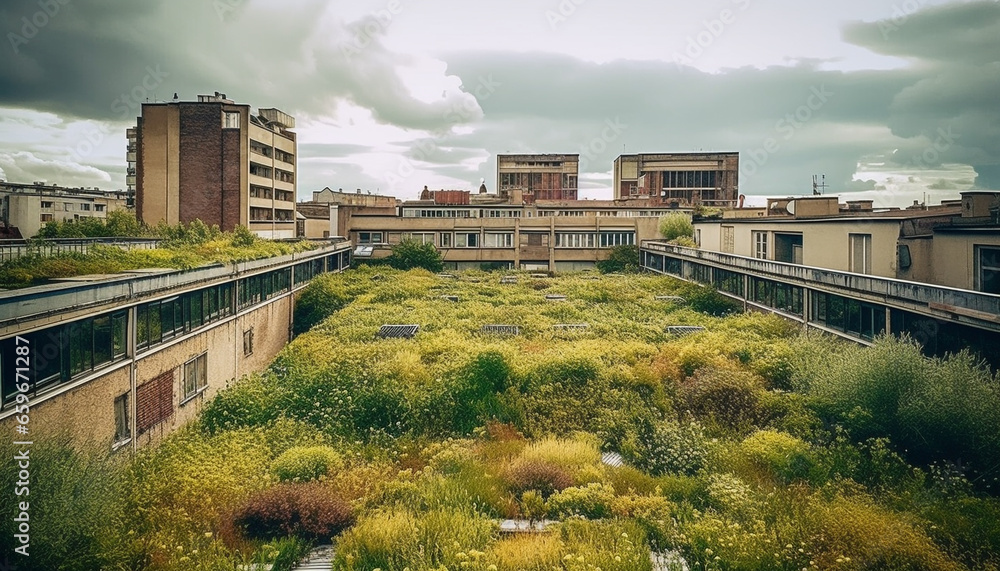 Fototapeta premium Modern skyscrapers dominate city skyline, nature and history vanishing generated by AI