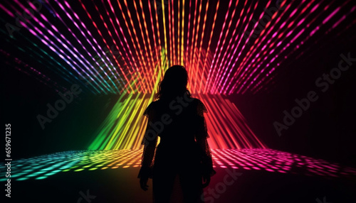 Glowing neon shapes illuminate futuristic nightclub performance generative AI