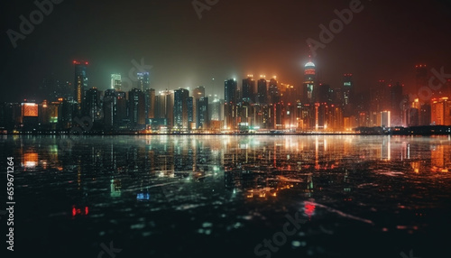 Modern skyline illuminates famous financial district waterfront at twilight generated by AI