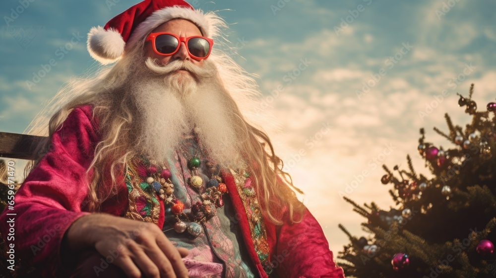 Happy santa claus with sunglasses.