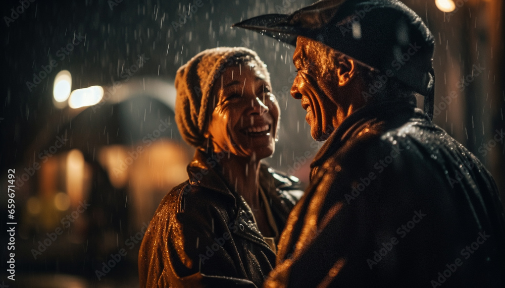 Smiling couple embraces in wet autumn night, celebrating love generated by AI
