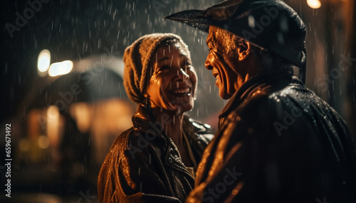 Smiling couple embraces in wet autumn night, celebrating love generated by AI