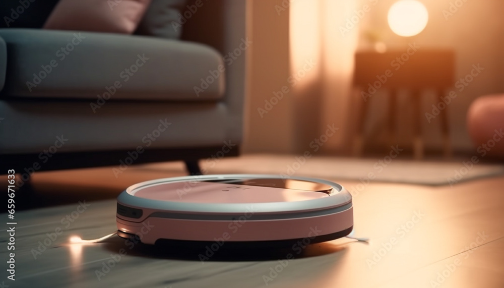 Modern home interior with comfortable sofa and illuminated electric lamp generated by AI Modern home interior with comfortable sofa and illuminated electric lamp generated by AI