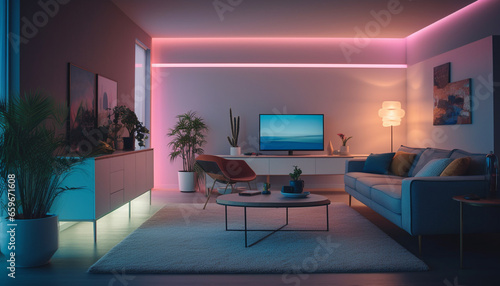 Modern apartment with elegant design, comfortable sofa, and illuminated lighting generated by AI