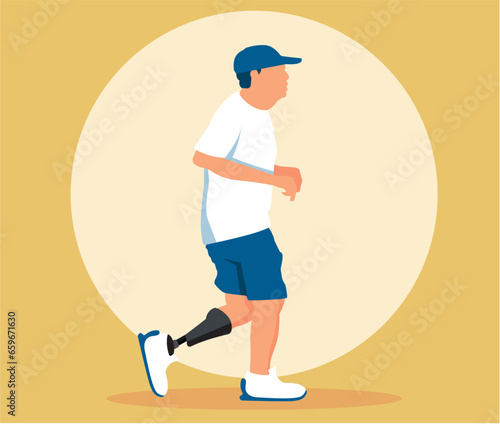 Disabled old man with a prosthetic leg running outdoors. Technology and lifestyle for the disabled. Rehabilitation for the disabled.