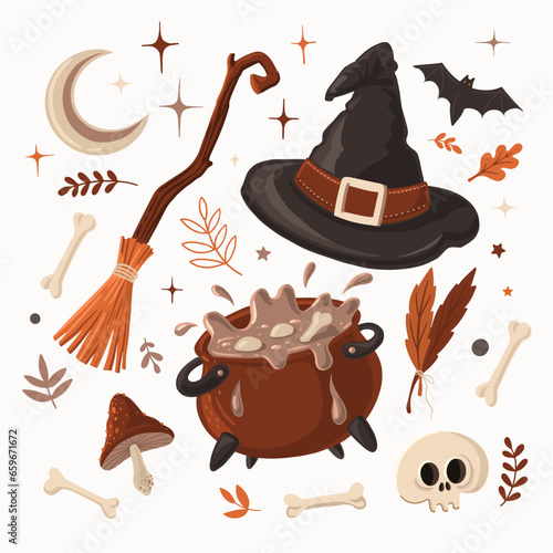 Set of Halloween symbols: hat, skull, bat, broom, fly agaric, witch's cauldron, bones. Design element for greeting cards, party invitations, posters, stickers for the autumn holiday All Hallows' Eve.