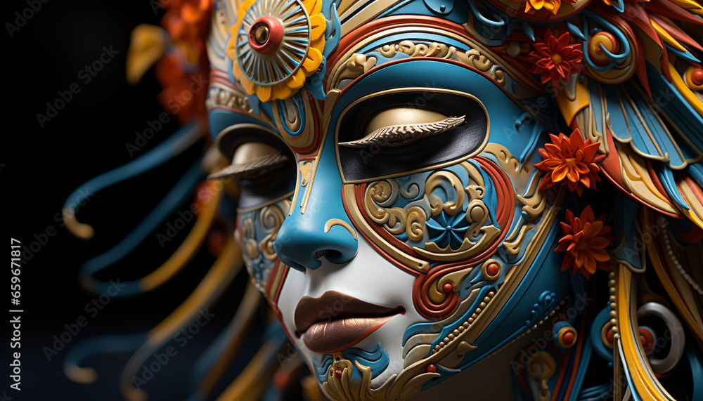 Ornate masks adorn faces of men and women at traditional festivals generated by AI