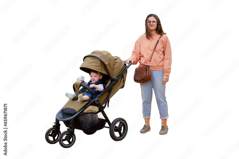 Woman mother walks with toddler baby boy sitting in a stroller, isolated on a white background. Child in a pram with mom. Kid aged one year Woman mother walks with toddler baby boy sitting in a stroller, isolated on a white background. Child in a pram with mom. Kid aged one year