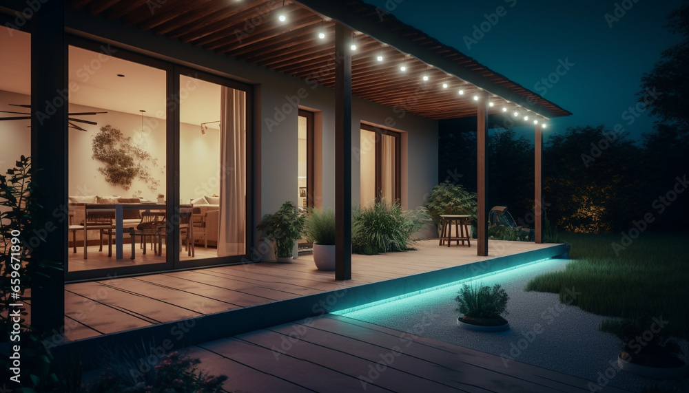 Modern architecture illuminates comfortable outdoor space with elegant lighting equipment generated by AI Modern architecture illuminates comfortable outdoor space with elegant lighting equipment generated by AI