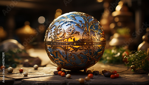 Ornate Christmas decorations illuminate old fashioned table with antique spheres generated by AI