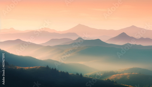 Majestic mountain range, panoramic landscape, tranquil meadow, orange sunset silhouette generated by AI