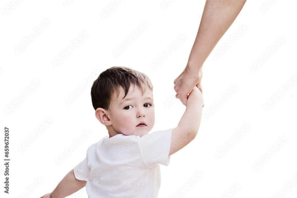 Child boy looks back with fear in his eyes, clutching his mother's hand tightly, isolated on white background. Little baby feels a mix of emotions as he looks back at his mom Child boy looks back with fear in his eyes, clutching his mother's hand tightly, isolated on white background. Little baby feels a mix of emotions as he looks back at his mom